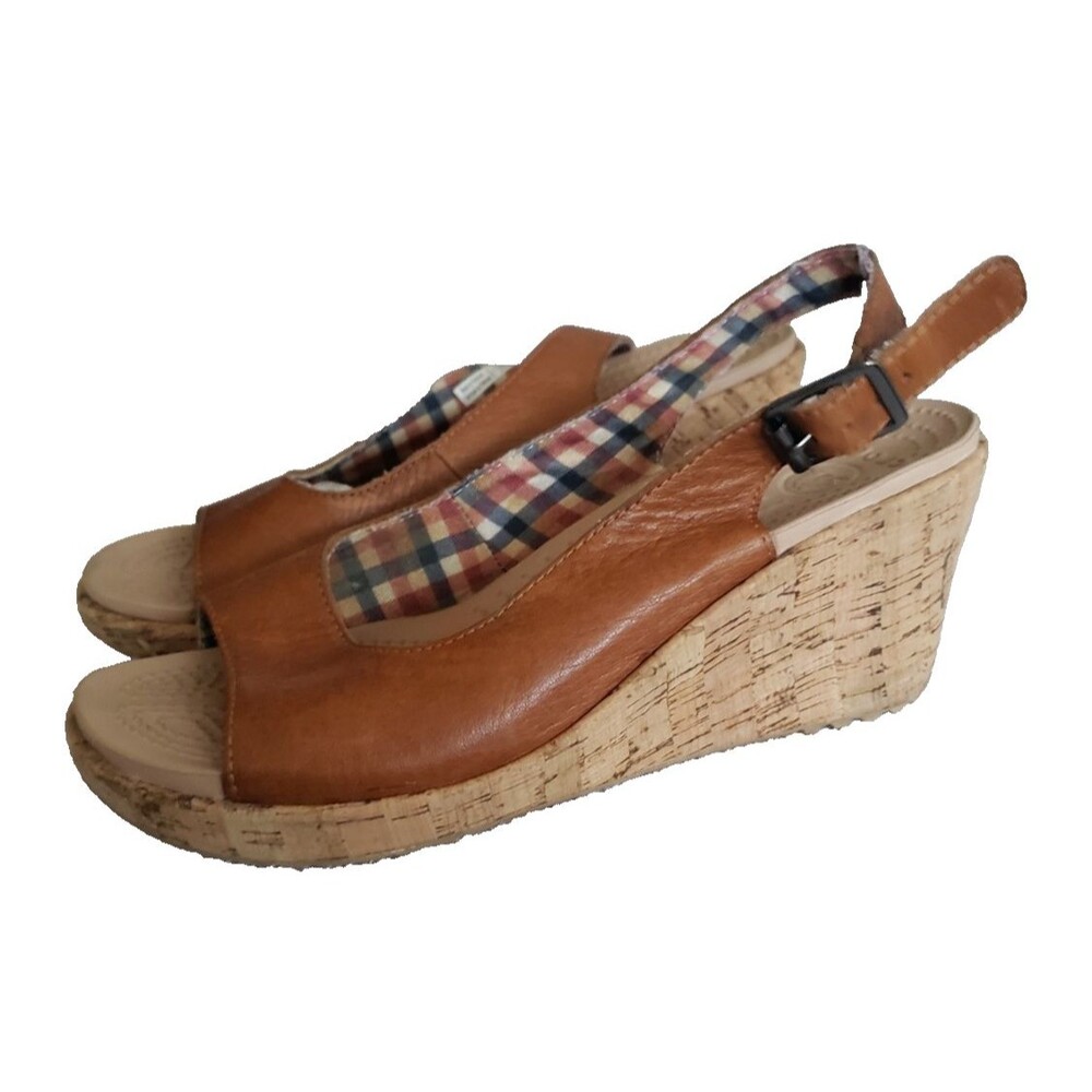 Crocs A-Leigh Brown Leather Slingback Peep Toe Cork Wedge Women's Size 7 Sandals